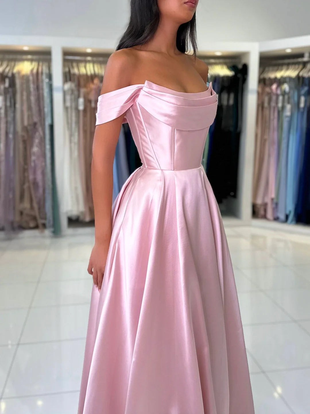 A-Line Satin Long Prom Dress Simple Off the Shoulder Floor length Evening Party Dress