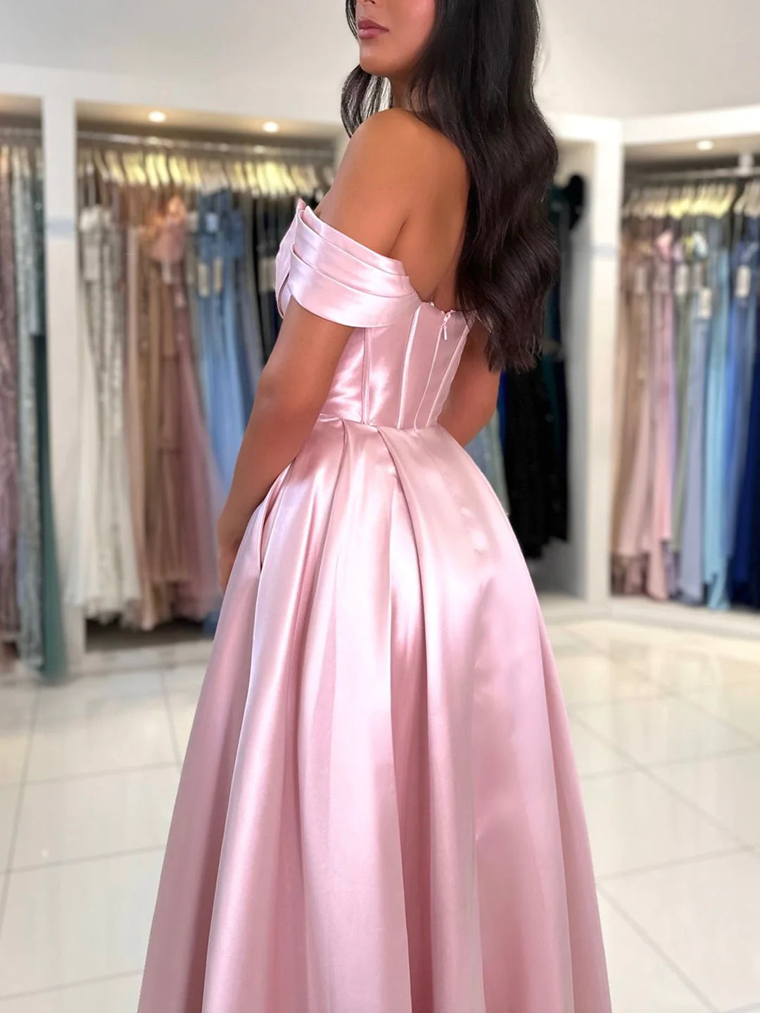 A-Line Satin Long Prom Dress Simple Off the Shoulder Floor length Evening Party Dress