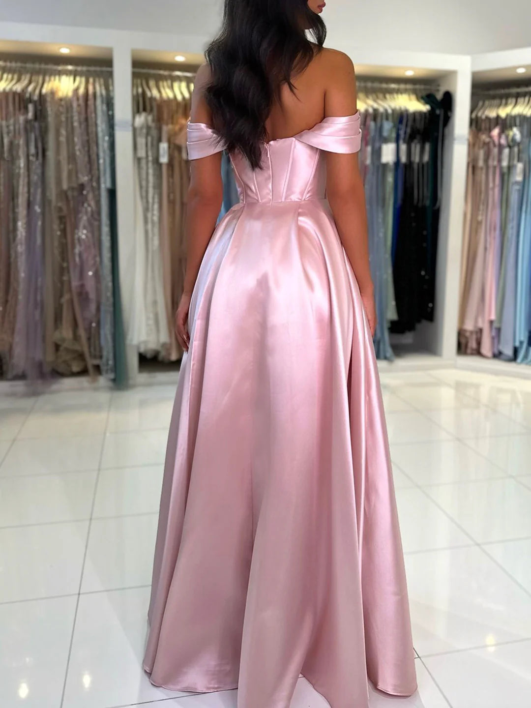 A-Line Satin Long Prom Dress Simple Off the Shoulder Floor length Evening Party Dress