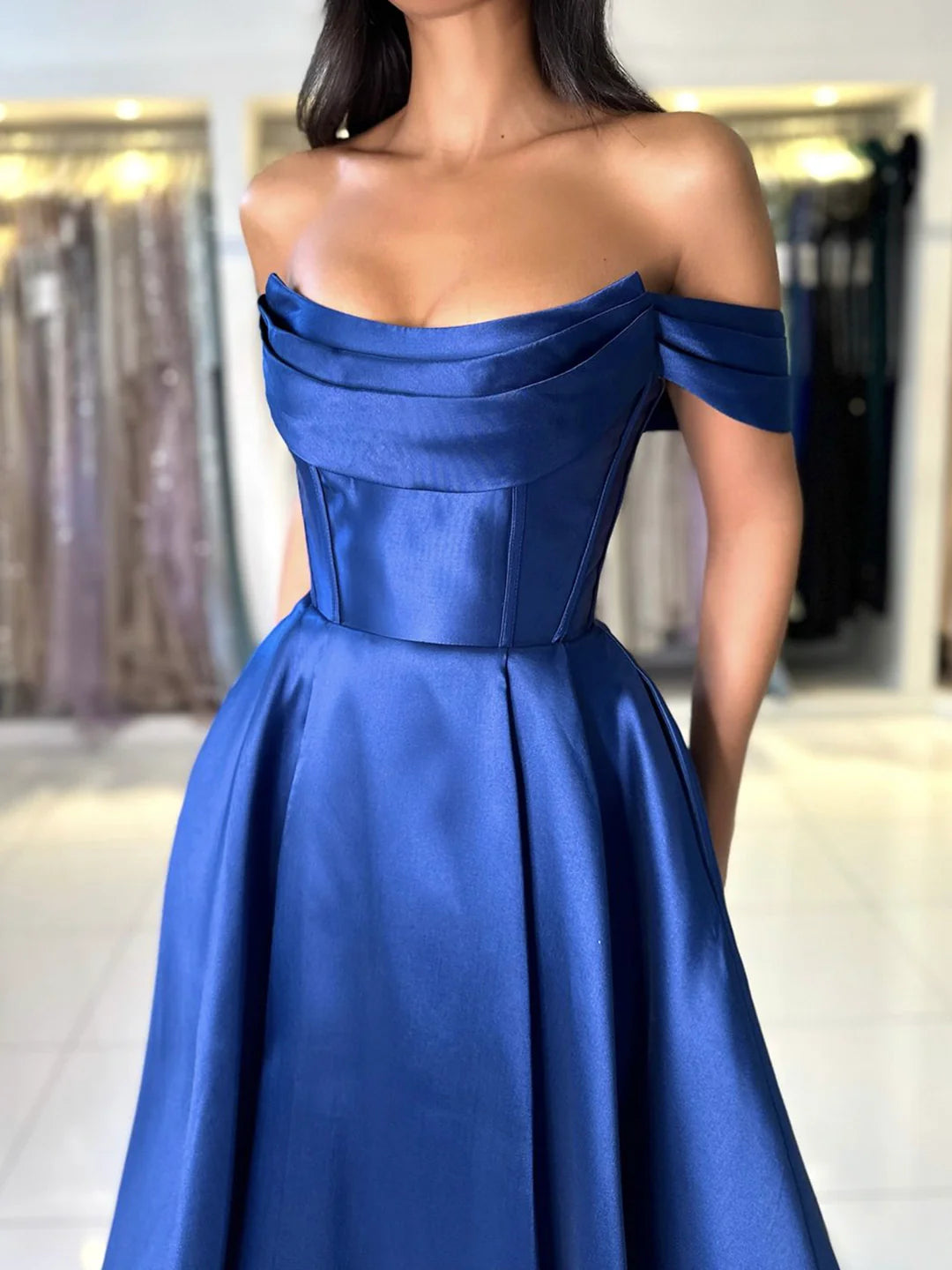 A-Line Satin Long Prom Dress Simple Off the Shoulder Floor length Evening Party Dress
