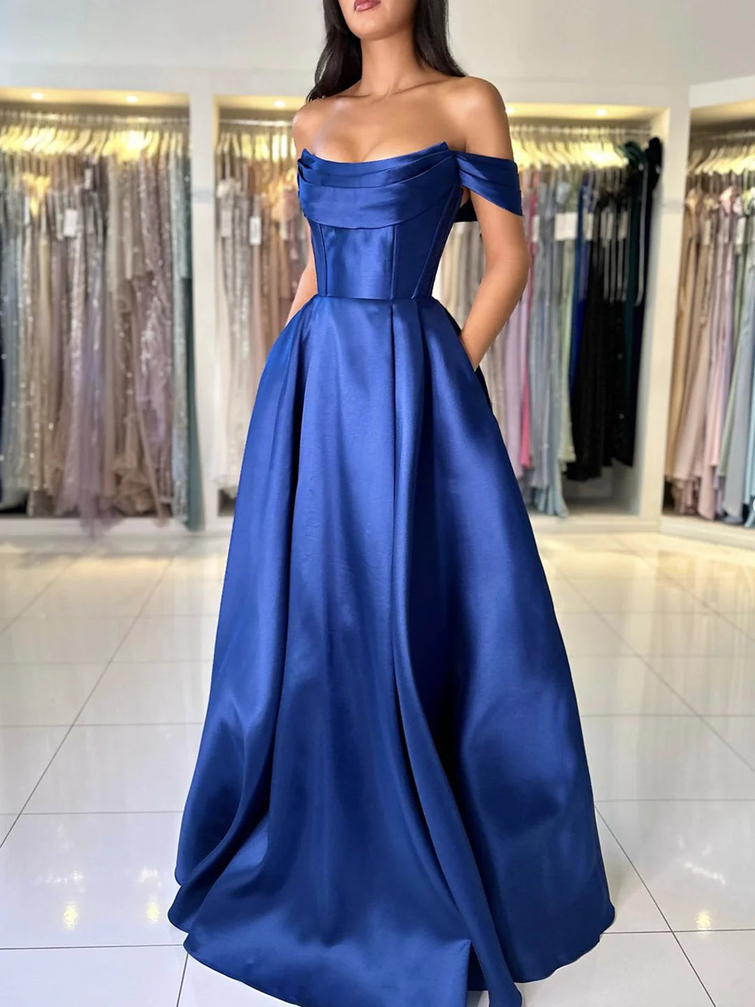 A-Line Satin Long Prom Dress Simple Off the Shoulder Floor length Evening Party Dress