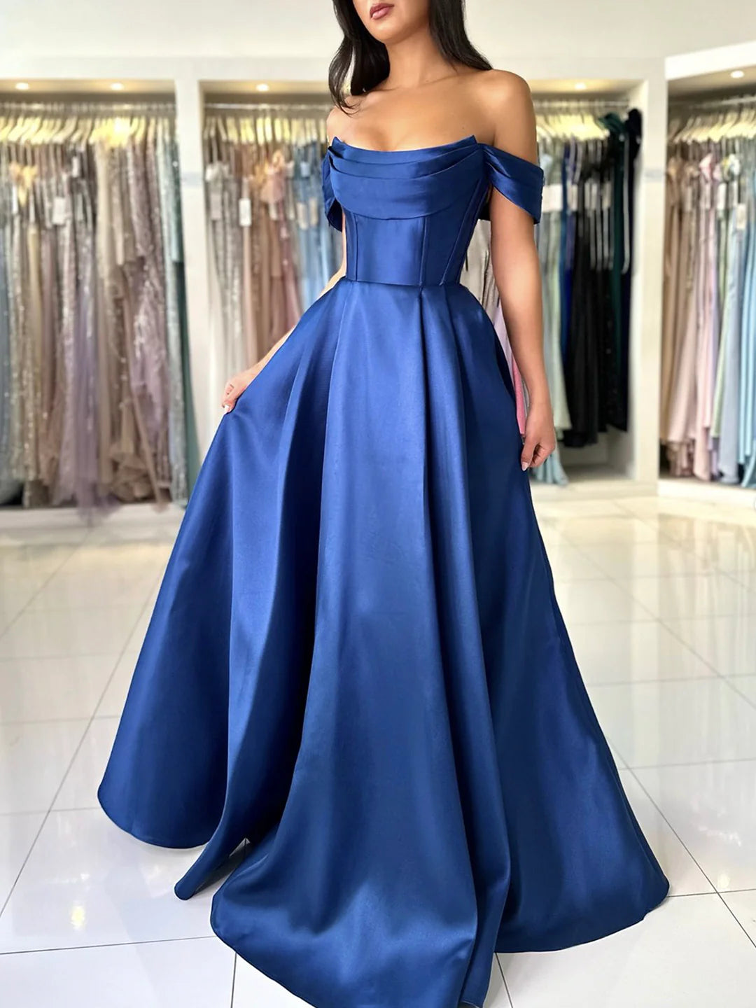 A-Line Satin Long Prom Dress Simple Off the Shoulder Floor length Evening Party Dress