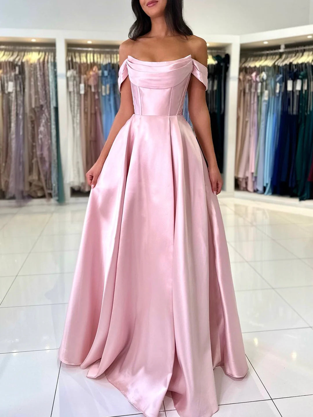A-Line Satin Long Prom Dress Simple Off the Shoulder Floor length Evening Party Dress
