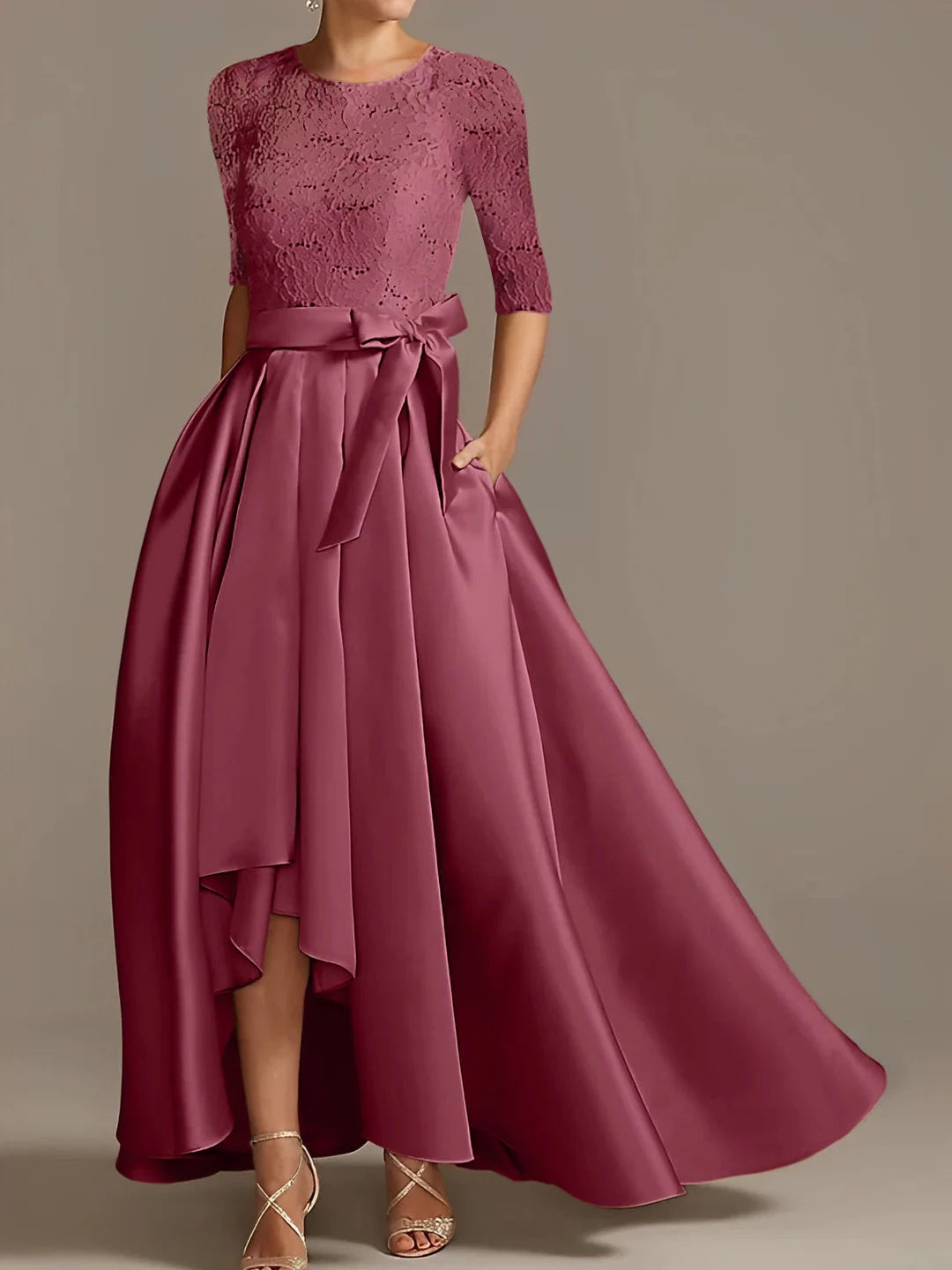 A-Line Scoop Floor-Length Half Sleeves with Ruffles Bow Mother of the Bride Dresses