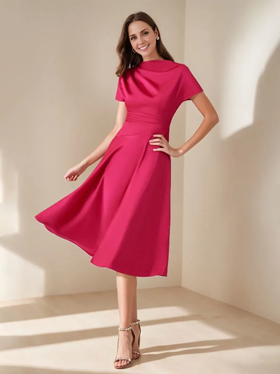 A-Line Scoop Neck Short Sleeves Knee-Length Elegant with Ruched Mother of the Bride Dresses