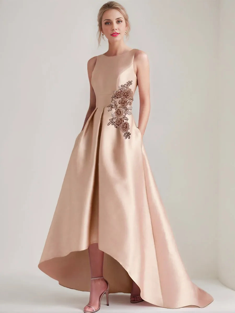 A-Line Scoop Sleeveless Asymmetrical with Appliques Floor-Length Pocket  Mother of the Bride Dresses