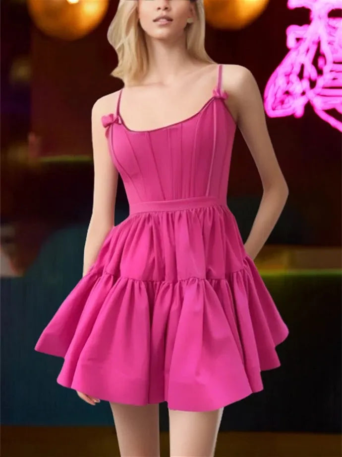 A-Line Scoop Sleeveless Short With Ruffles Hot Pink Party Dance Cocktail Homecoming Dress