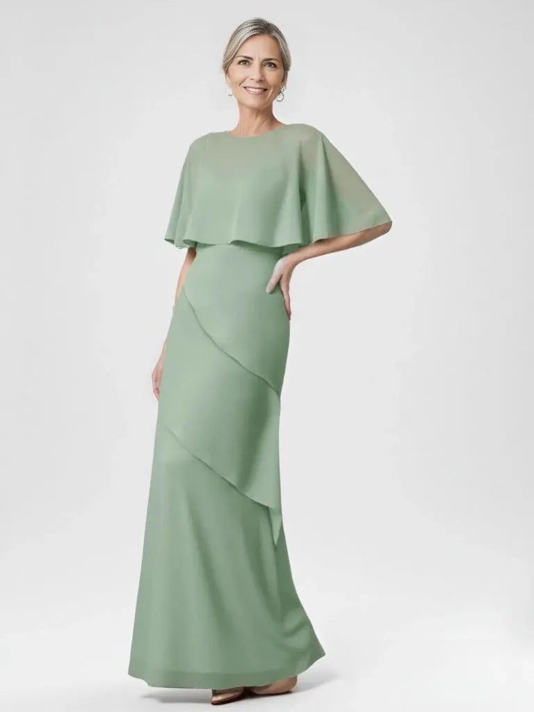 A-Line Scoop V-Neck Half Sleeves Floor-Length Chiffon Mother of the Bride Dresses