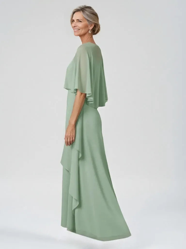 A-Line Scoop V-Neck Half Sleeves Floor-Length Chiffon Mother of the Bride Dresses