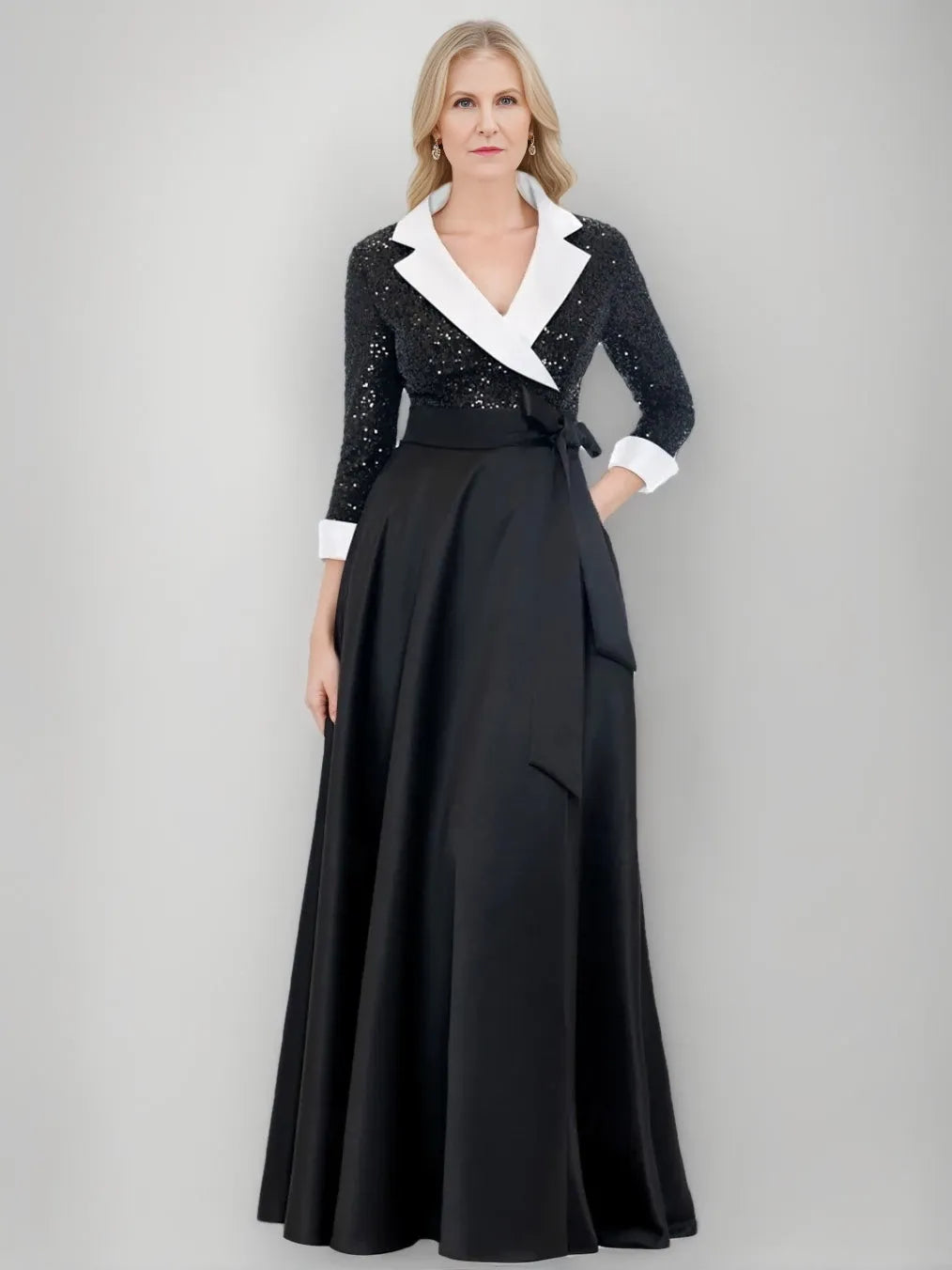A-Line Shirt Collar Long Sleeves Floor-Length Self-tie Sash Pocket with Sequins Mother of the Bride Dresses