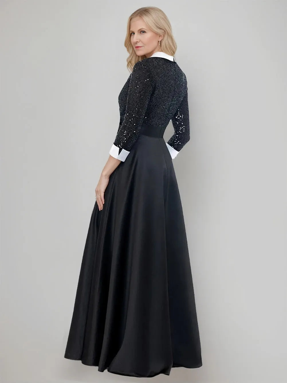 A-Line Shirt Collar Long Sleeves Floor-Length Self-tie Sash Pocket with Sequins Mother of the Bride Dresses