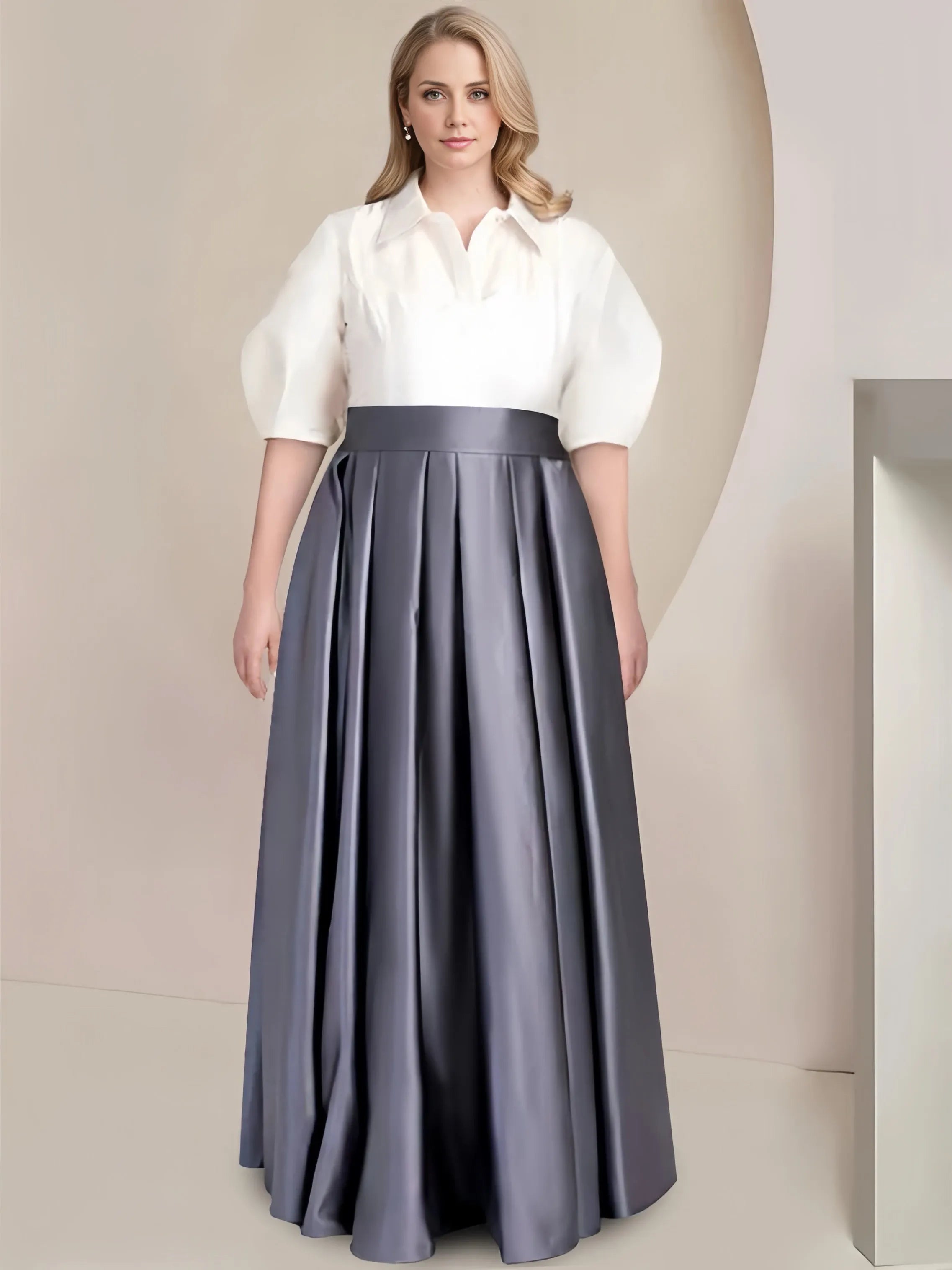 A-Line Shirt Collar Short Sleeves Floor-Length 2 pieces Satin Plus Size with Bowknot Mother Of The Bride Dresses