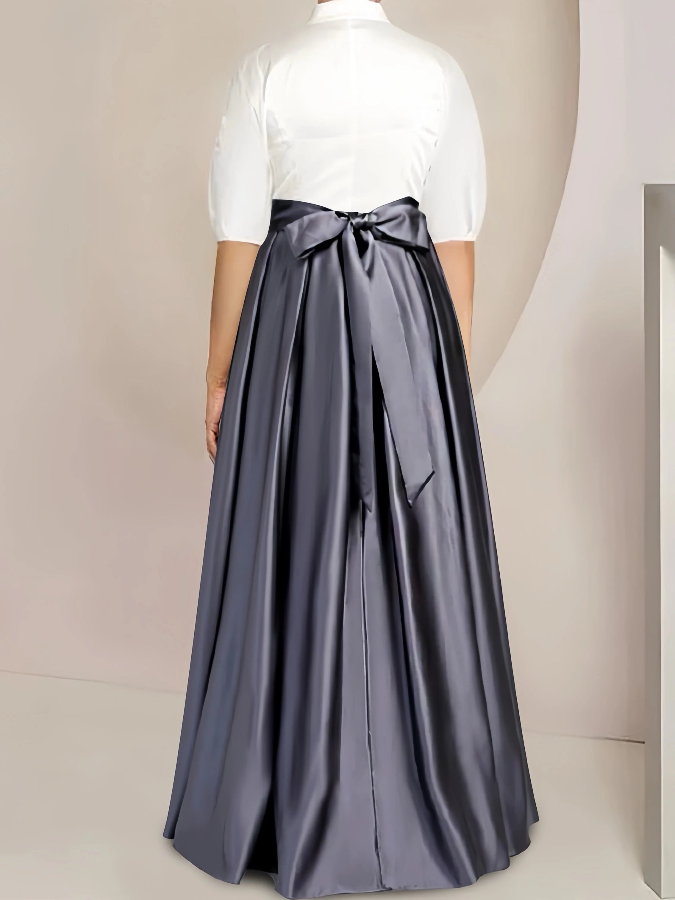 A-Line Shirt Collar Short Sleeves Floor-Length 2 pieces Satin Plus Size with Bowknot Mother Of The Bride Dresses