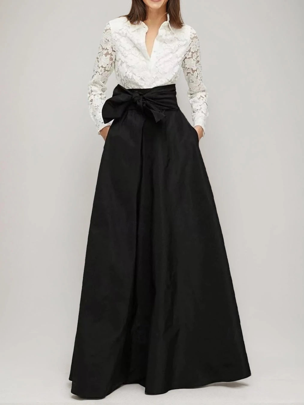 A-Line Shirt Lace Collar Long Sleeves Floor-Length with Bow Mother of the Bride Dresses
