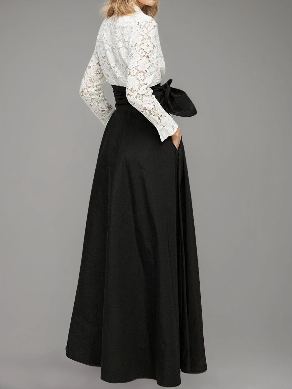 A-Line Shirt Lace Collar Long Sleeves Floor-Length with Bow Mother of the Bride Dresses