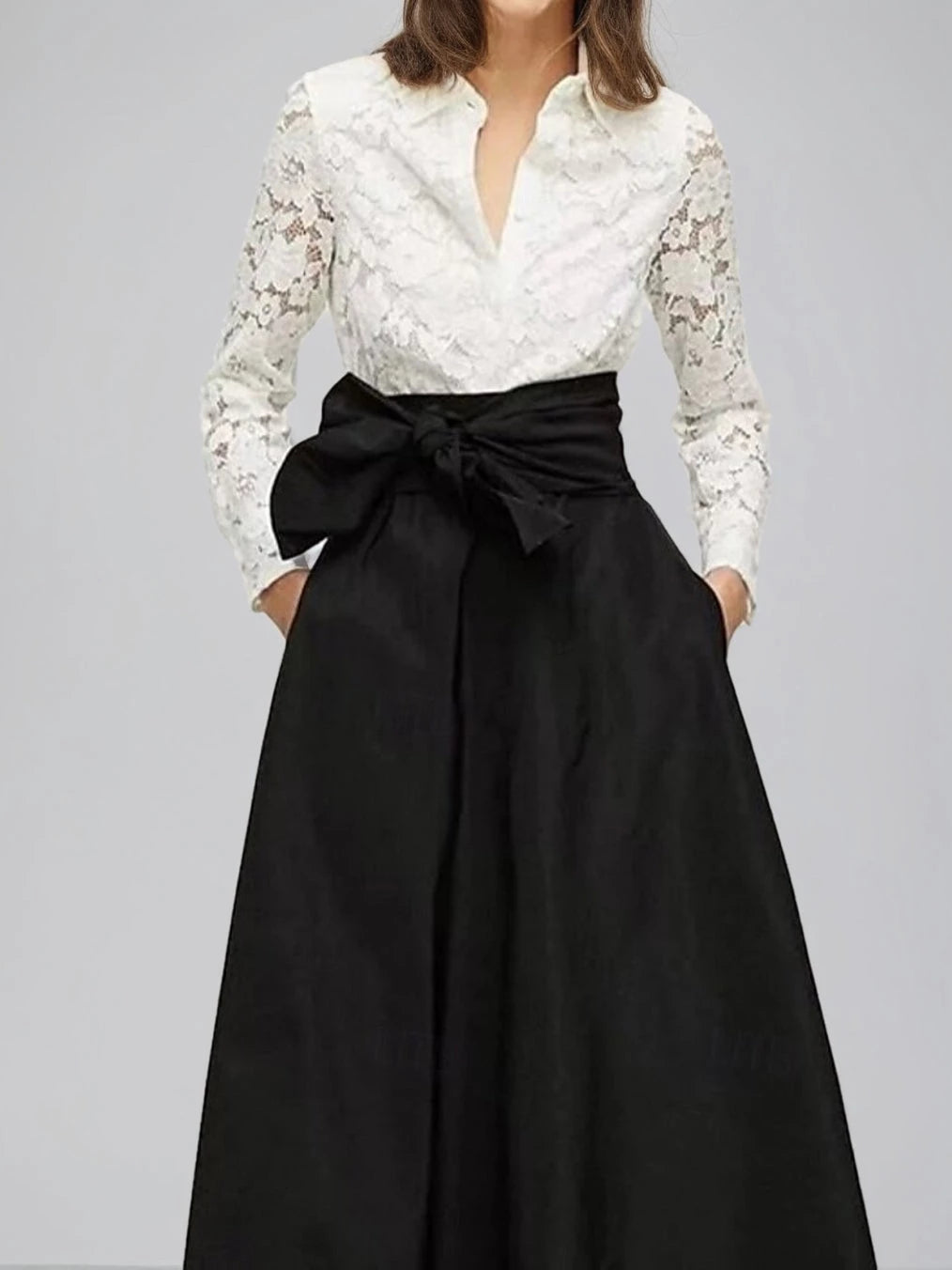 A-Line Shirt Lace Collar Long Sleeves Floor-Length with Bow Mother of the Bride Dresses