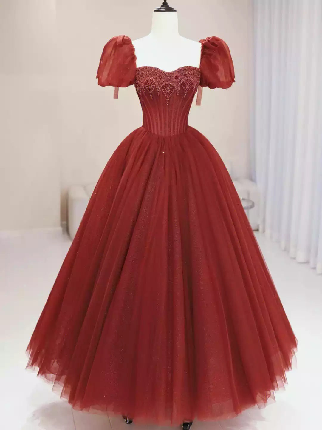 A-Line Short Sleeve Burgundy Tulle Beaded Long Prom Dress Formal Dress