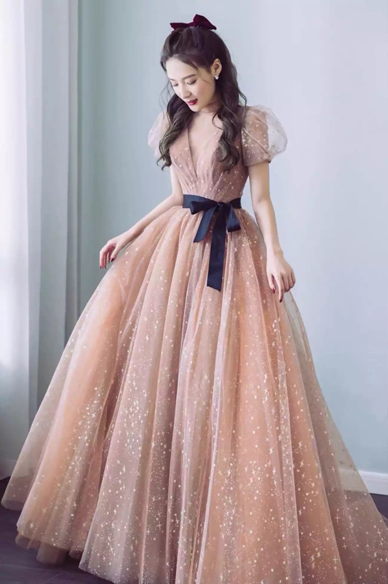 A-Line Short Sleeve Cute Tulle Long Prom Dress Evening Party Dress