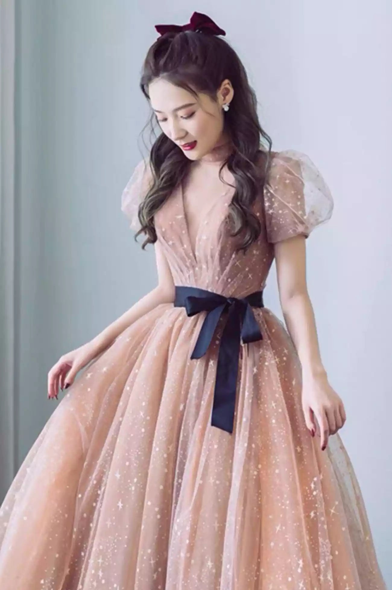 A-Line Short Sleeve Cute Tulle Long Prom Dress Evening Party Dress