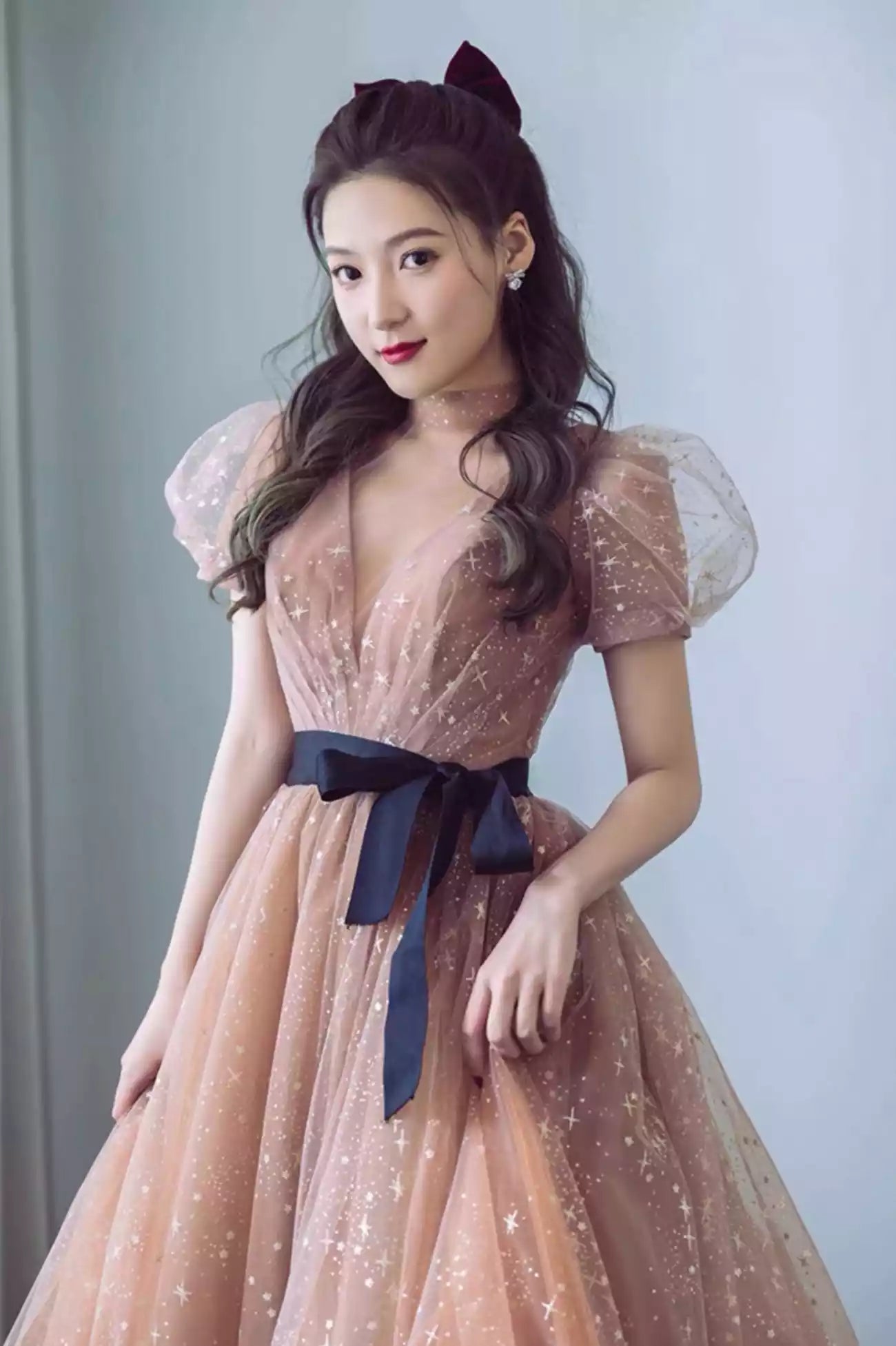 A-Line Short Sleeve Cute Tulle Long Prom Dress Evening Party Dress