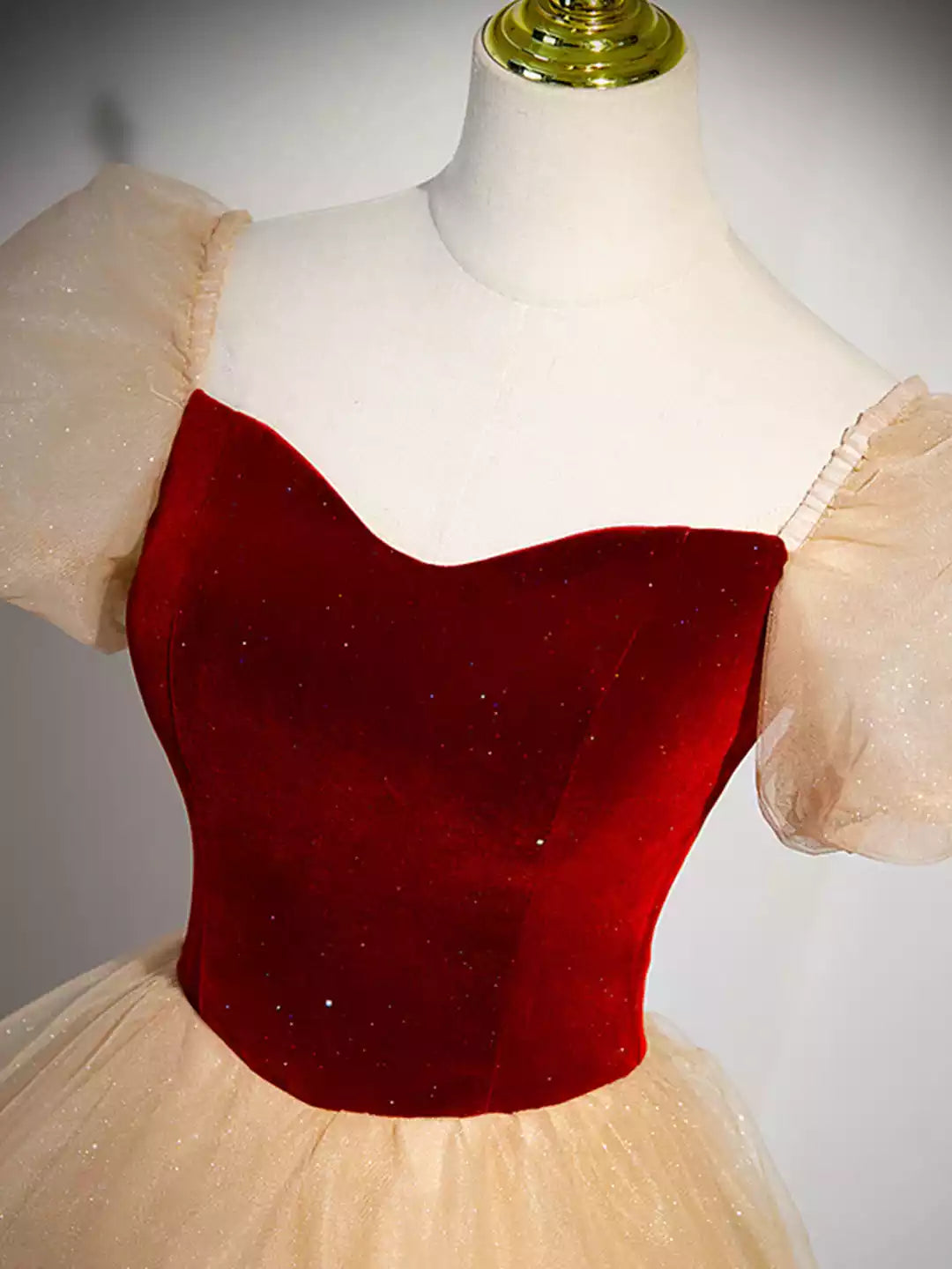 A-Line Short Sleeve Cute Velvet Tulle Long Prom Dress Formal Dress