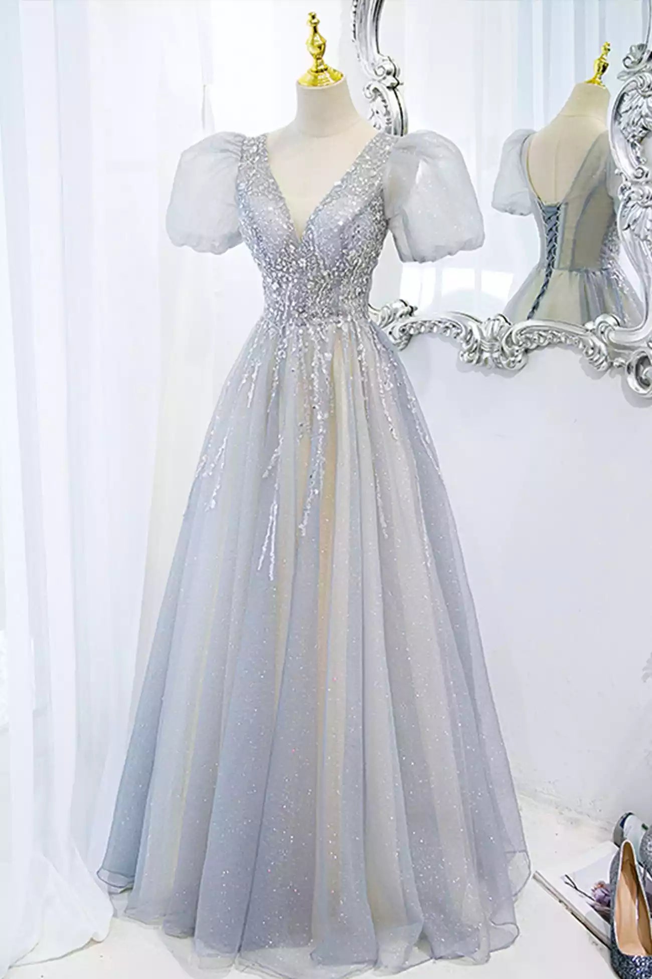 A-Line Short Sleeve Gray Tulle Beading Long Prom Dresses Formal Evening Dresses