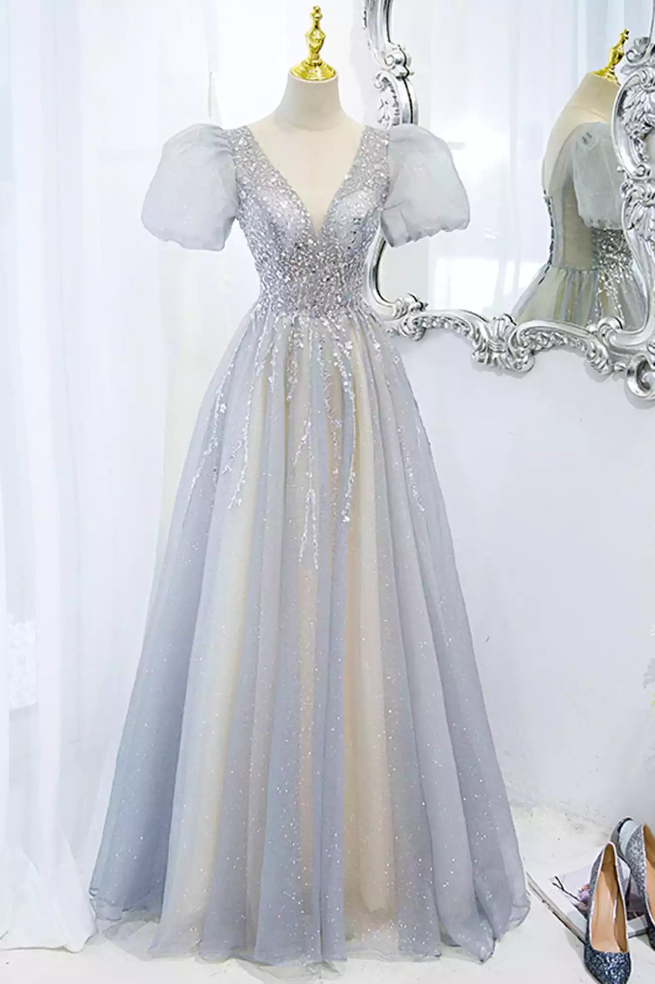 A-Line Short Sleeve Gray Tulle Beading Long Prom Dresses Formal Evening Dresses