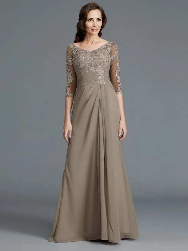 A-Line Short Sleeves Scoop With Applique Chiffon Floor-Length Mother of the Bride Dresses