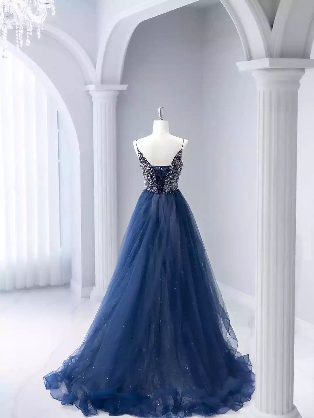 A-Line Spaghetti Strap Blue Tulle Beaded Long Prom Dress Formal Evening Dress