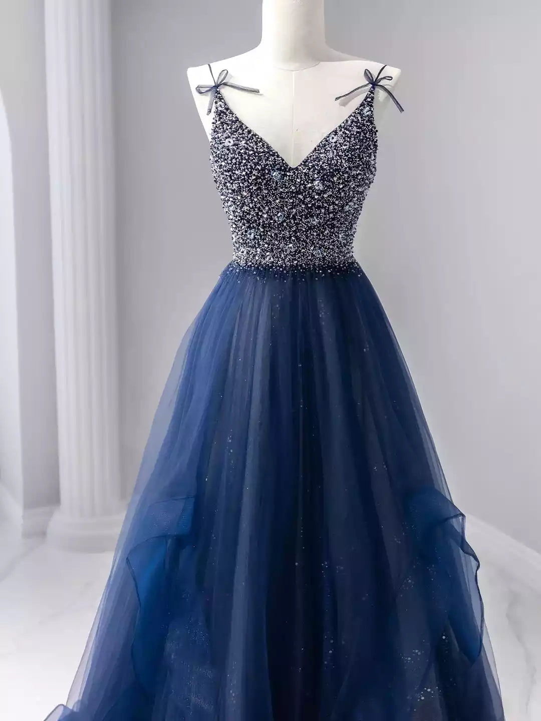 A-Line Spaghetti Strap Blue Tulle Beaded Long Prom Dress Formal Evening Dress