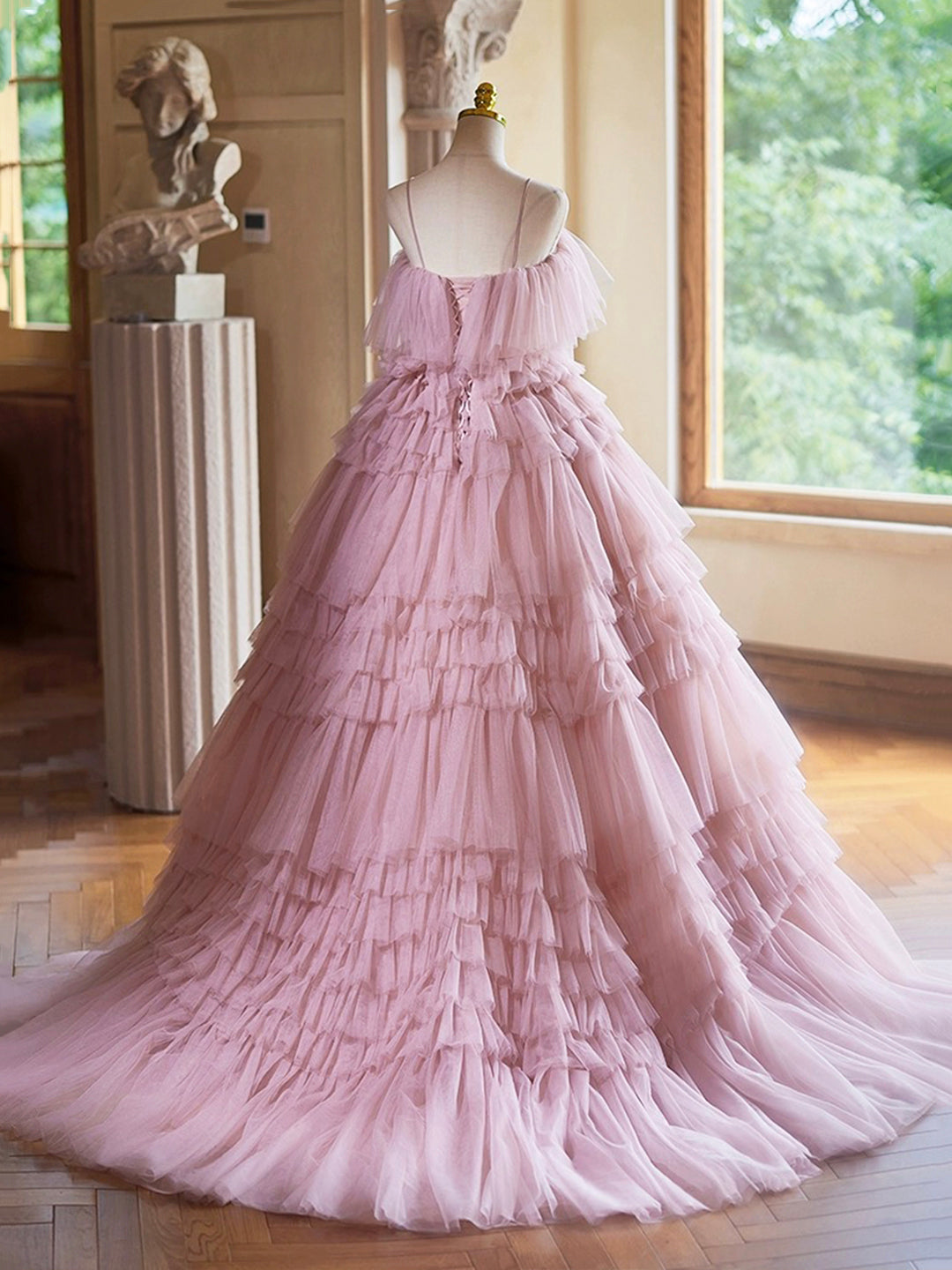 A-Line Spaghetti Strap Layers Tulle Floor Length Long Party Dress Pink Prom Dress Formal Gown