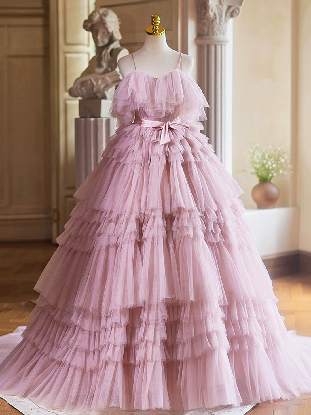 A-Line Spaghetti Strap Layers Tulle Floor Length Long Party Dress Pink Prom Dress Formal Gown