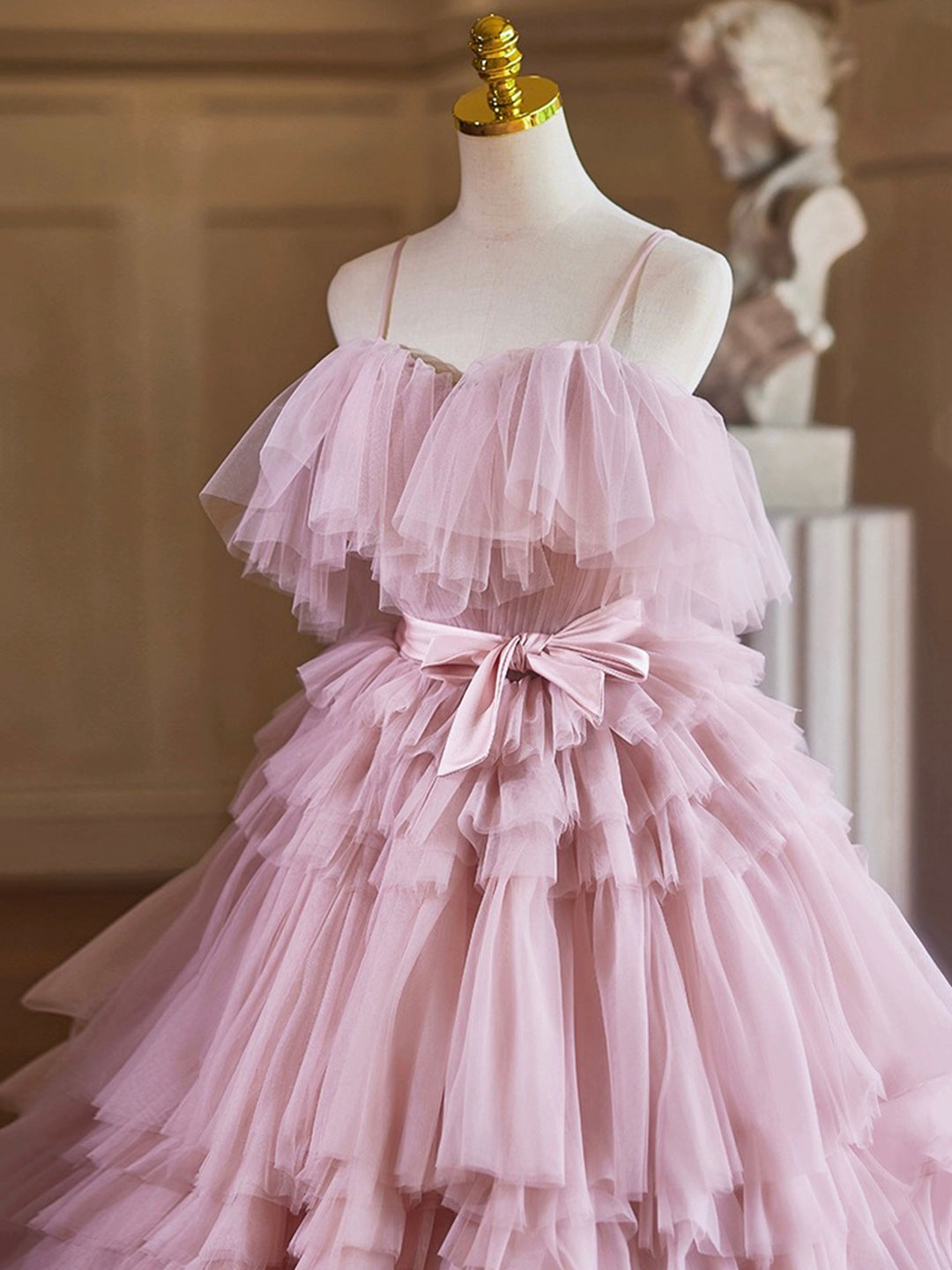 A-Line Spaghetti Strap Layers Tulle Floor Length Long Party Dress Pink Prom Dress Formal Gown