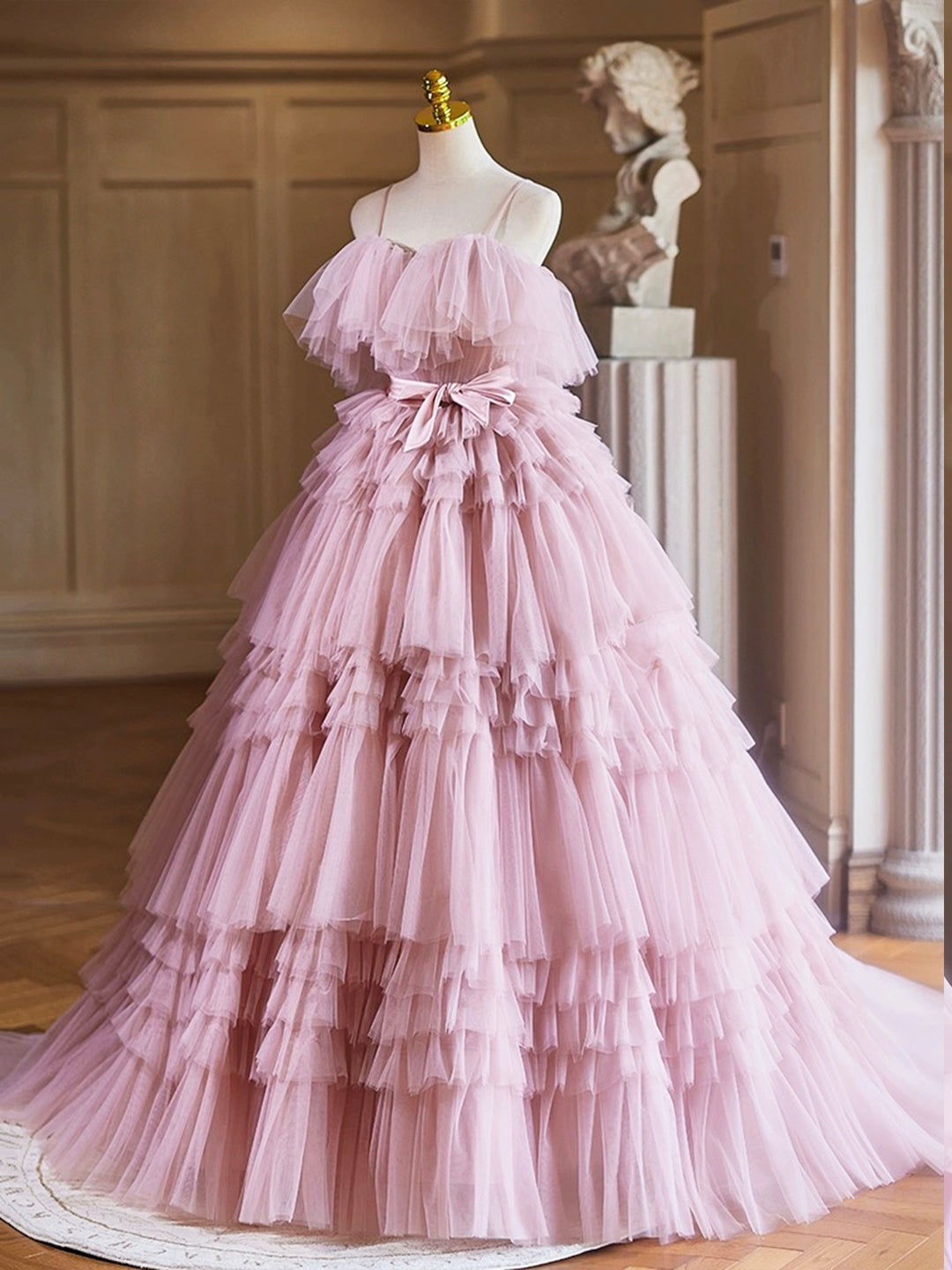 A-Line Spaghetti Strap Layers Tulle Floor Length Long Party Dress Pink Prom Dress Formal Gown