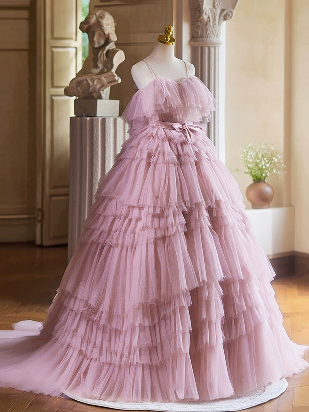 A-Line Spaghetti Strap Layers Tulle Floor Length Long Party Dress Pink Prom Dress Formal Gown