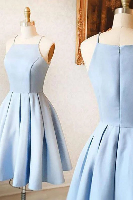 A-Line Spaghetti Straps Sleeveless Light Blue Satin Short Prom Dress Party Dresses Homecoming Dresses