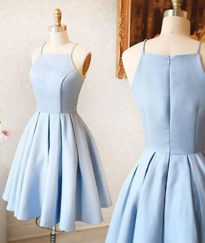 A-Line Spaghetti Straps Sleeveless Light Blue Satin Short Prom Dress Party Dresses Homecoming Dresses