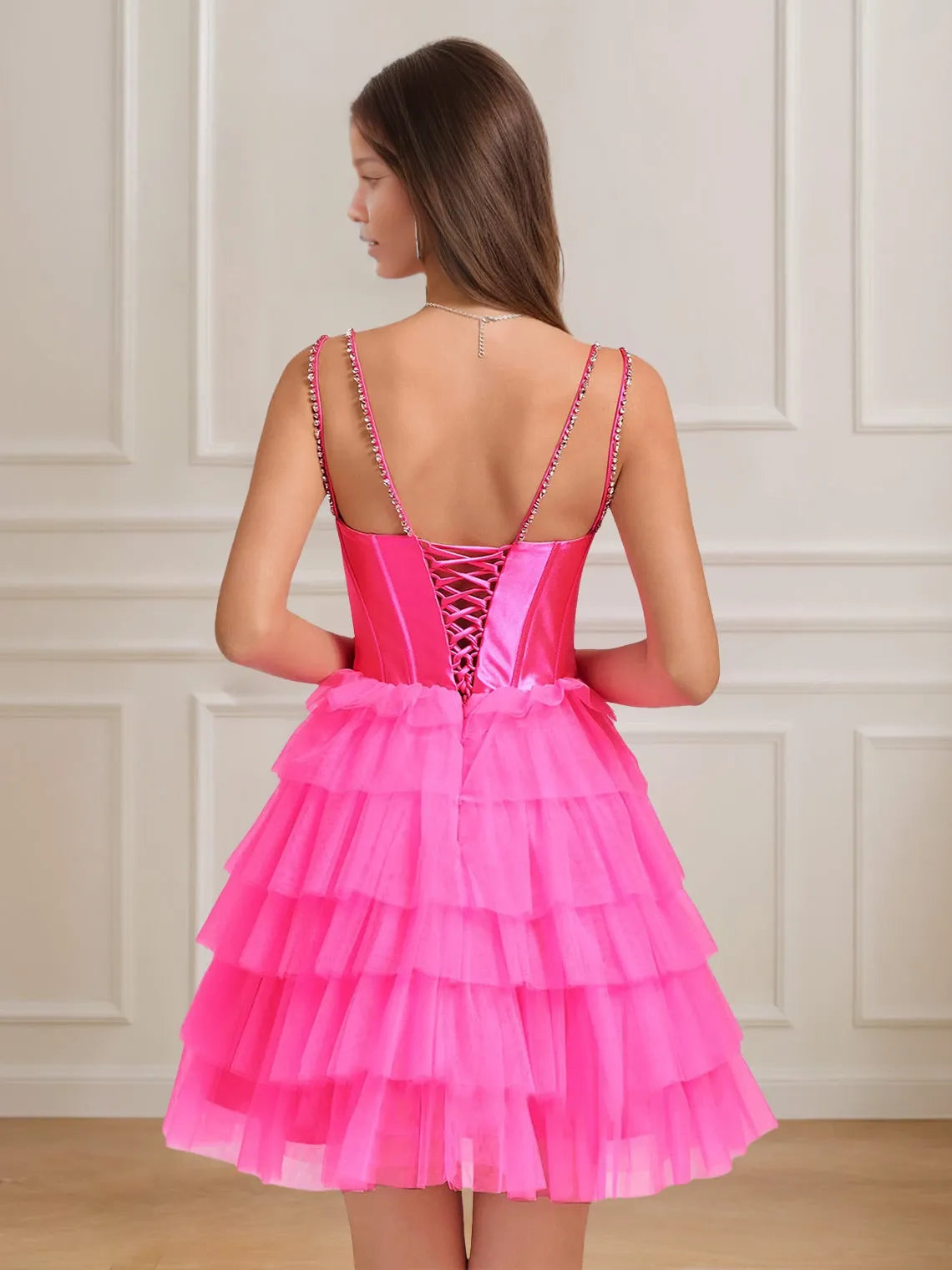 A-Line Spaghetti Straps Sleeveless Short with Tiered Tulle Rhinestones Lace-Up Party Dresses Homecoming Dresses