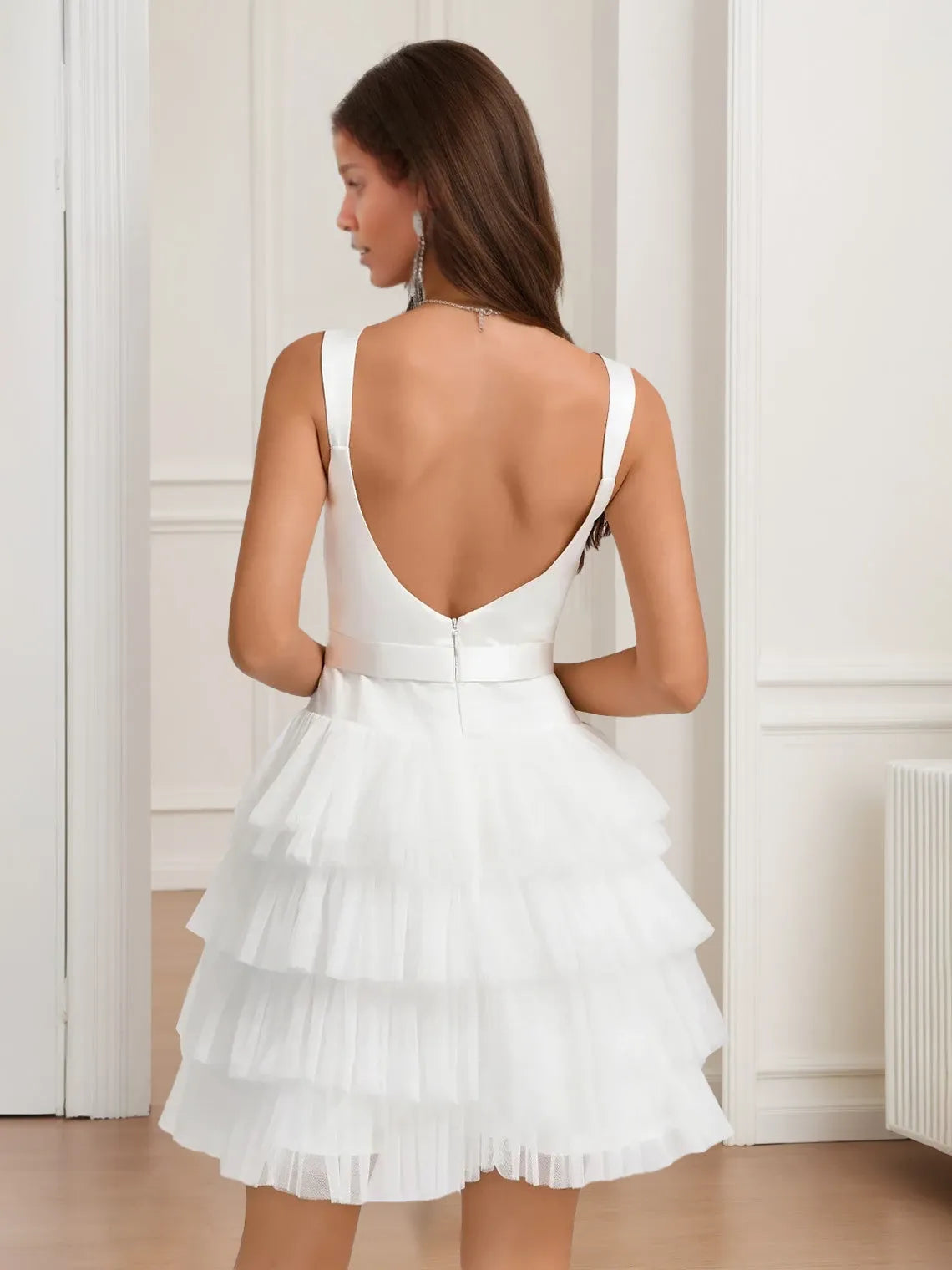 A-Line Square Neckline Backless Short with Tiered Tulle Bow Belt Party Dresses Homecoming Dresses