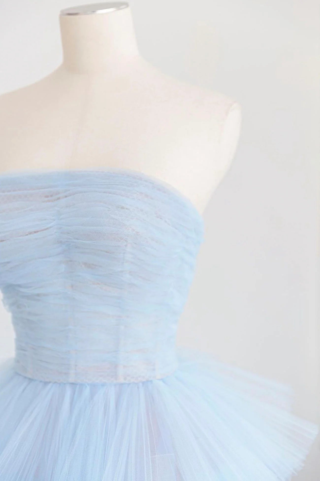 A-Line Strapless Blue Layers Tulle Long Prom Dresses Evening Dresses Wedding Dress