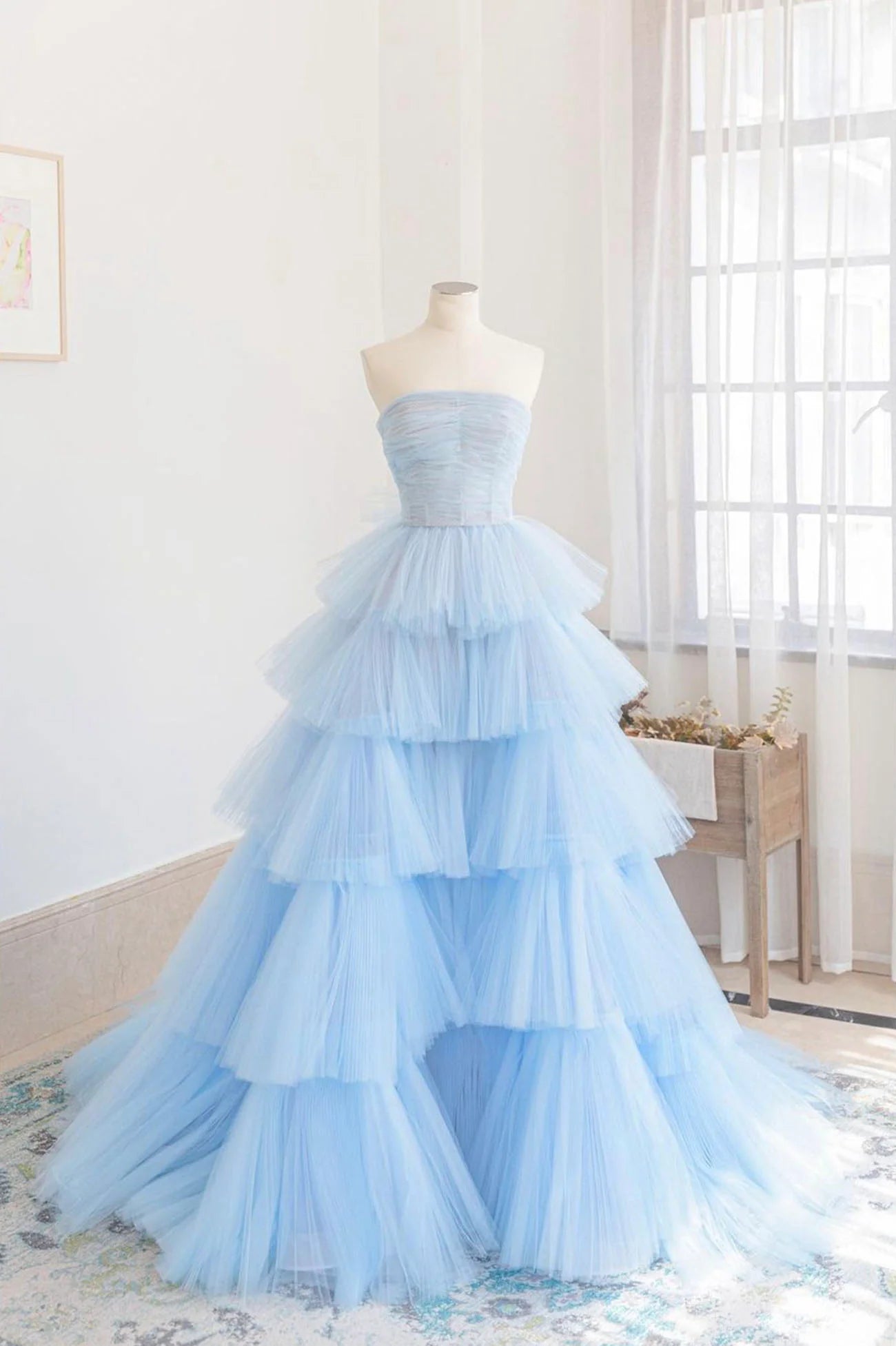 A-Line Strapless Blue Layers Tulle Long Prom Dresses Evening Dresses Wedding Dress