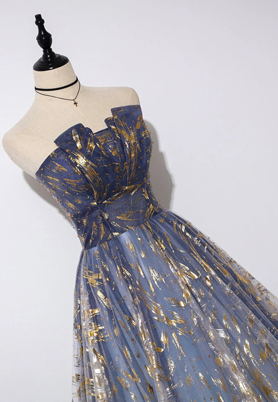 A-Line Strapless Floor Length Tulle Long Prom Dresses Cute Evening Party Dresses