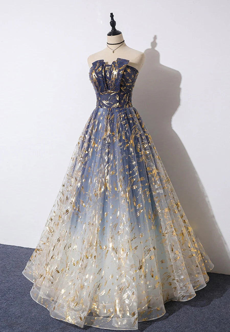 A-Line Strapless Floor Length Tulle Long Prom Dresses Cute Evening Party Dresses