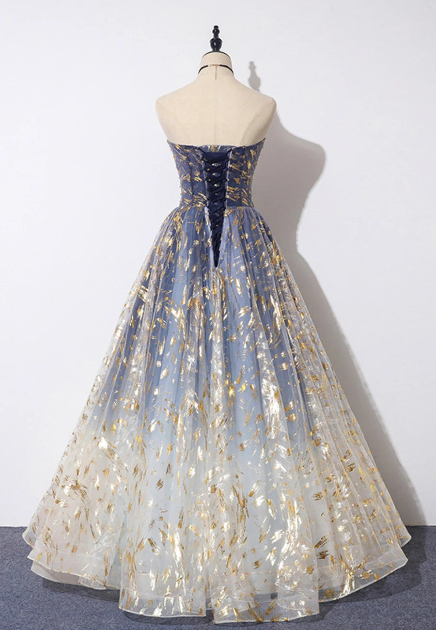 A-Line Strapless Floor Length Tulle Long Prom Dresses Cute Evening Party Dresses