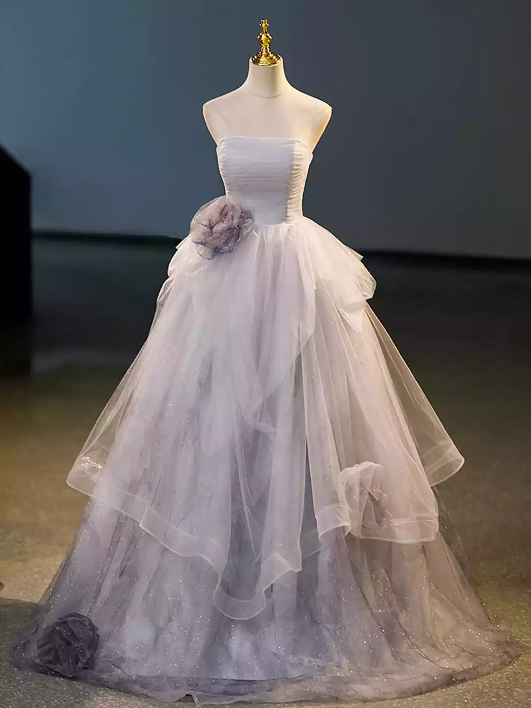 A-Line Strapless Gray Tulle Floor Length Formal Dress Evening Party Dress