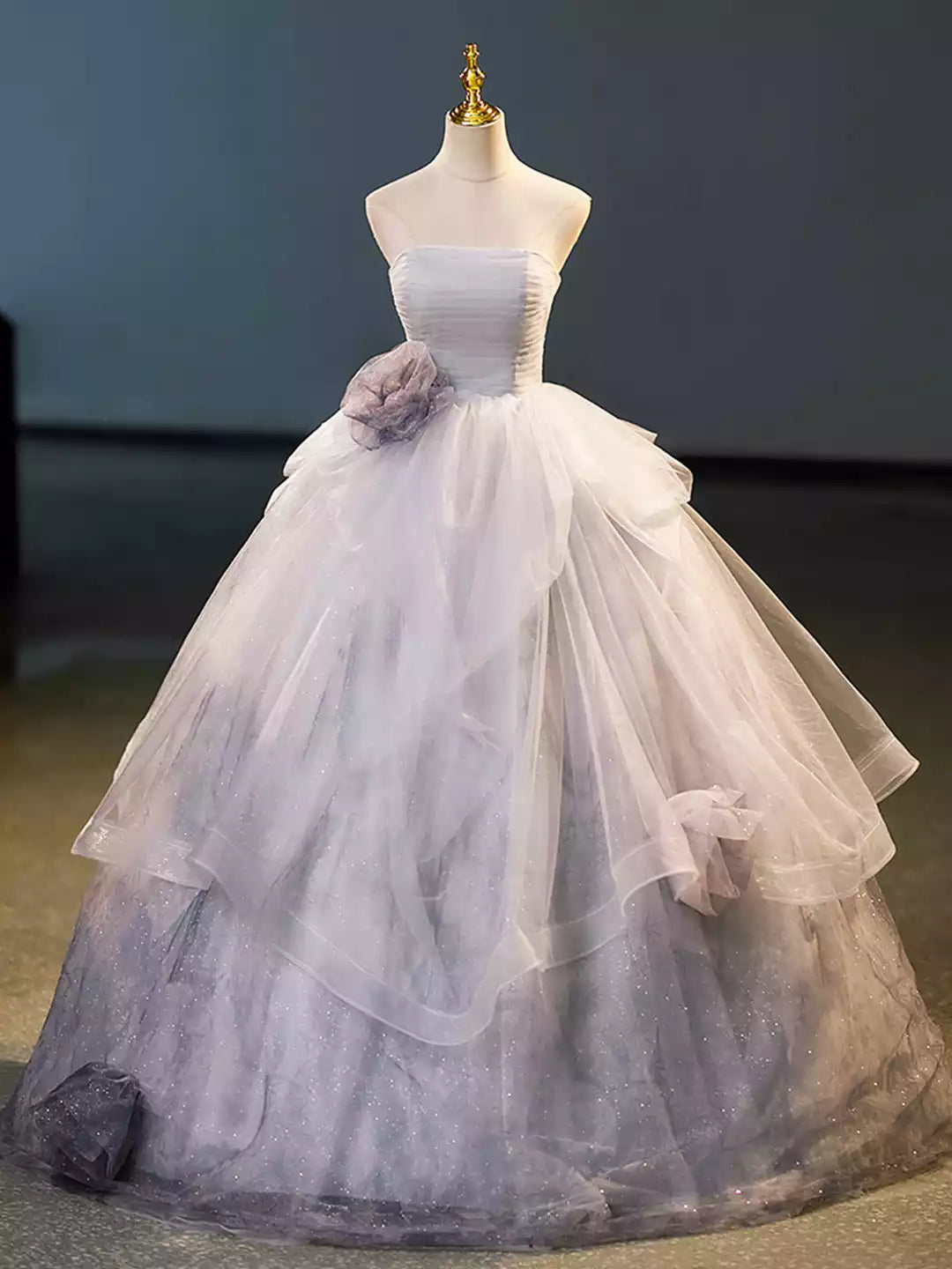 A-Line Strapless Gray Tulle Floor Length Formal Dress Evening Party Dress