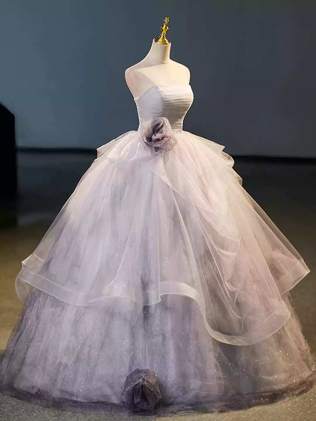 A-Line Strapless Gray Tulle Floor Length Formal Dress Evening Party Dress