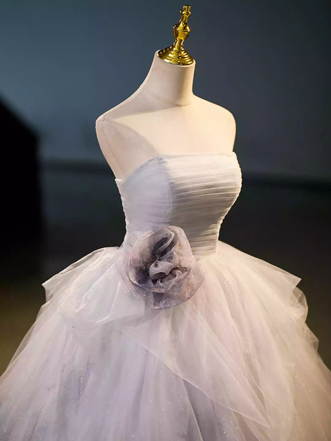 A-Line Strapless Gray Tulle Floor Length Formal Dress Evening Party Dress