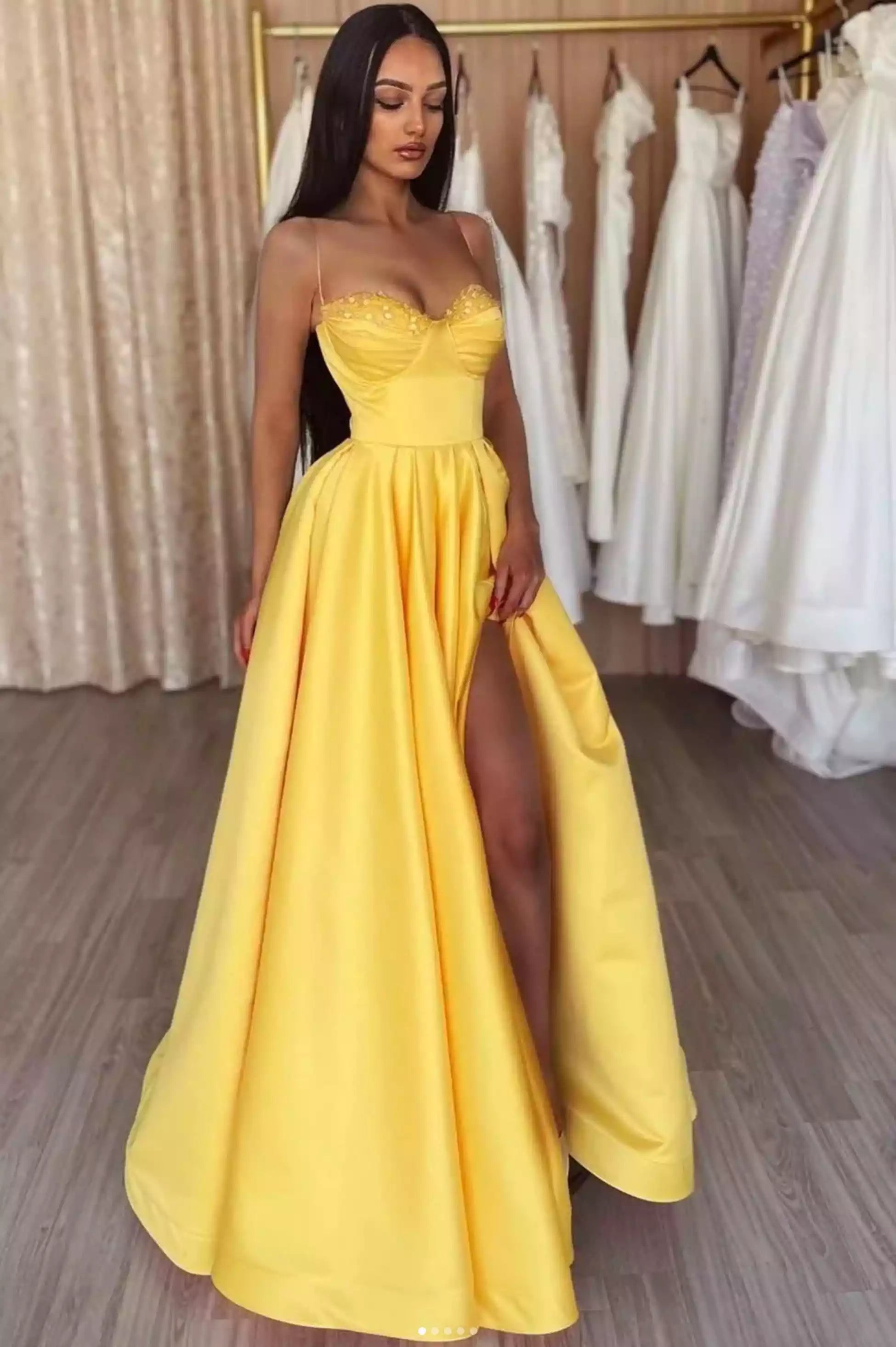 A-Line Sweetheart Yellow Satin High Split Formal Dress Evening Party Dress