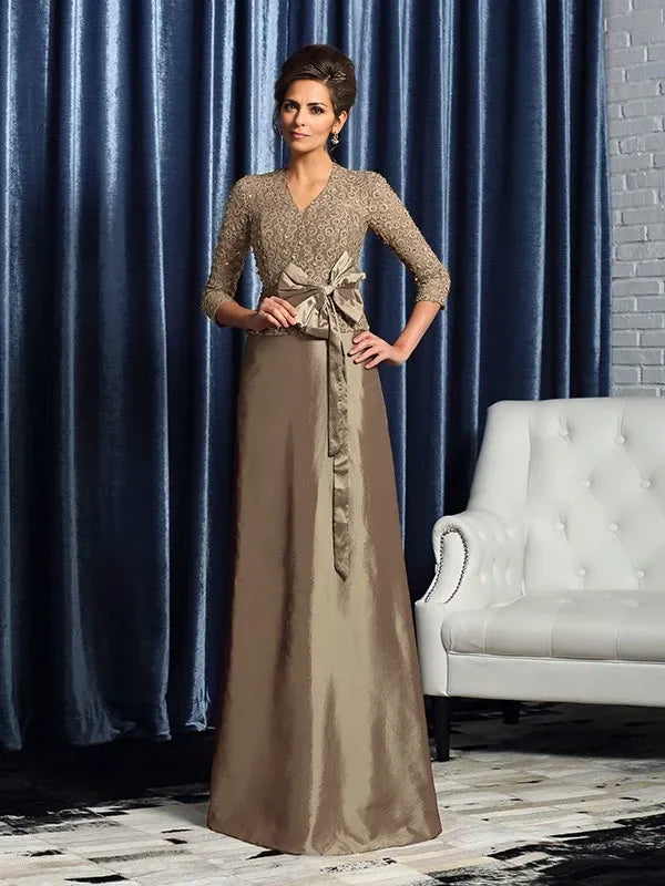 V-neck Short Sleeves A-Line Taffeta Floor-Length With Bowknot Mother of the Bride Dresses